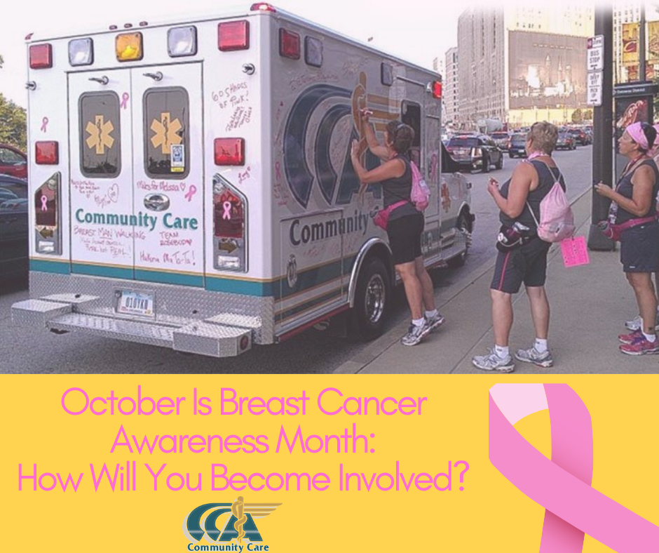 October Is Breast Cancer Awareness Month: How Will You Become Involved? CCA Logo and Breast Cancer Awareness ribbon with people signing a CCA ambulance vehicle